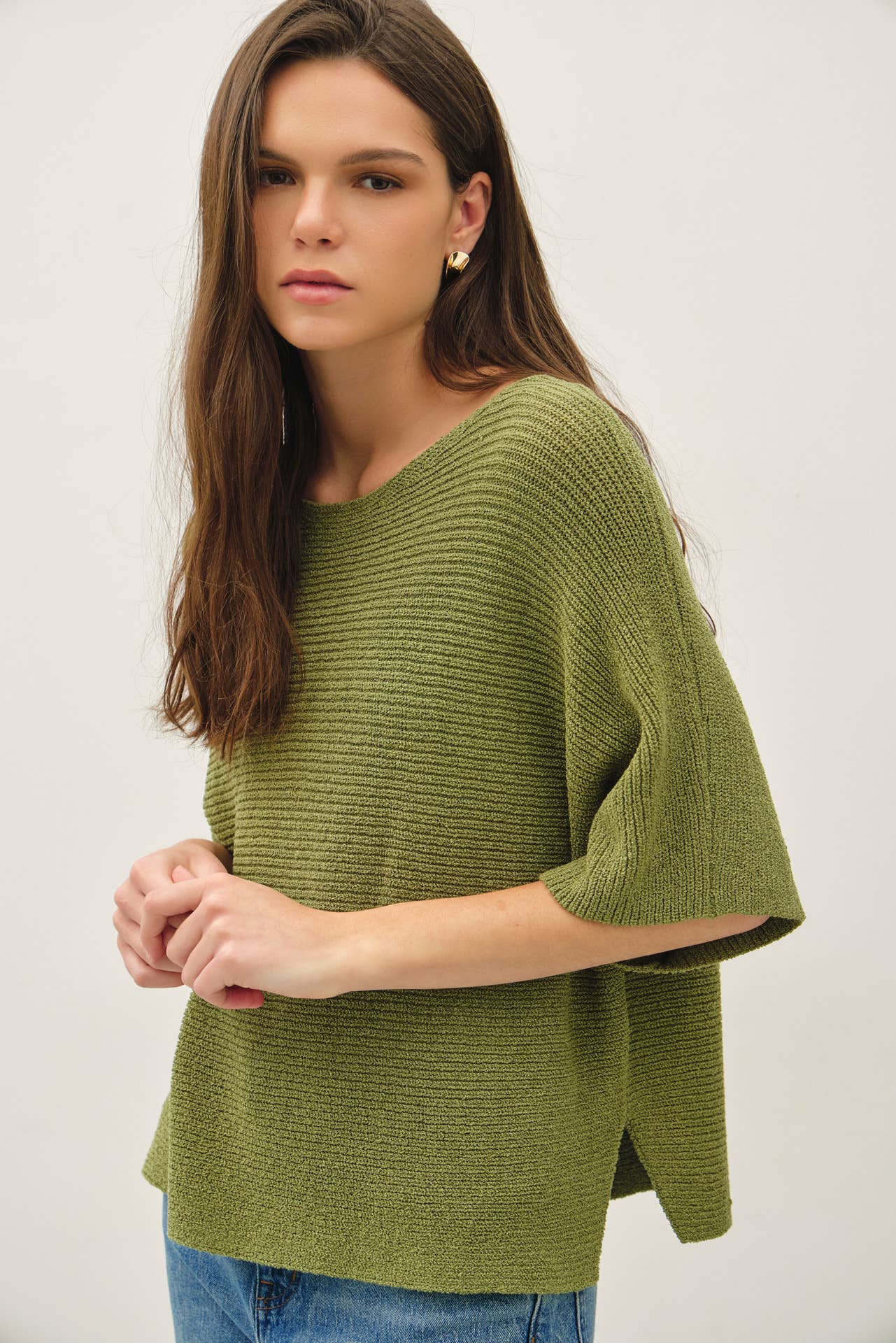 HORIZONTAL RIBBED DOLMAN SWEATER TOP