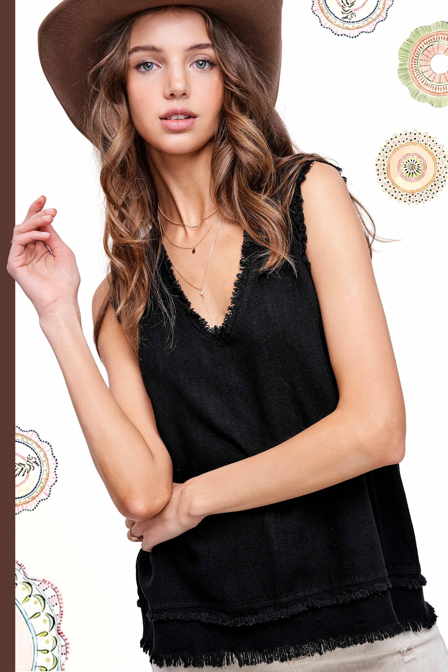 Soft Washed Gauze Cut Edge V-neck Top