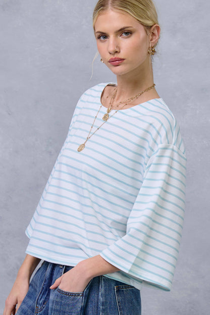 Striped Semi Crop Top with 3/4 Bell Sleeves