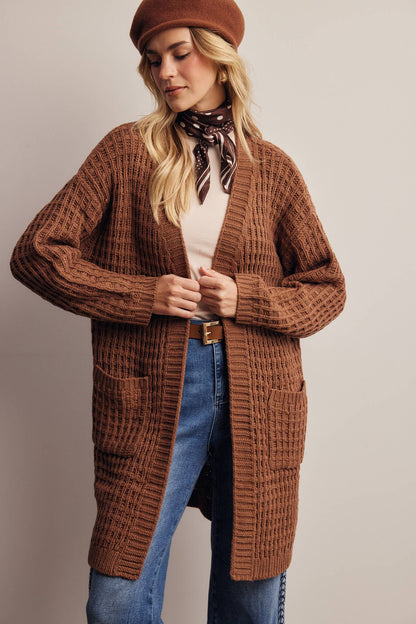 Waffle Knit Open Front Long Cardigan