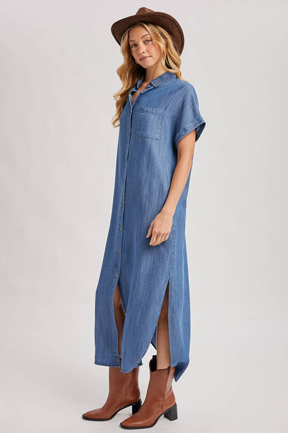 Denim Button Down Side Slit Shirt Maxi Dress