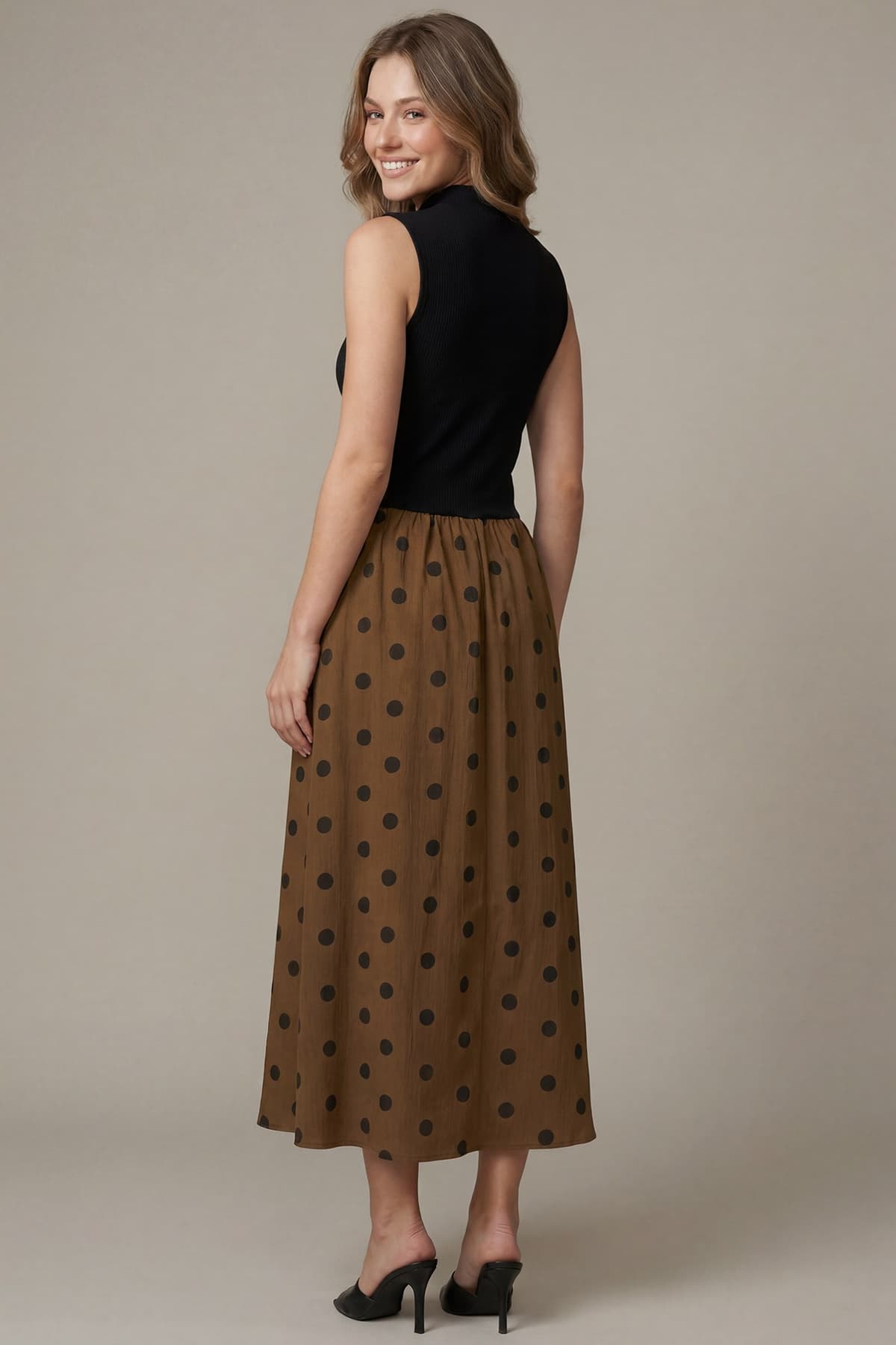 Sleeveless Mock Neck Knit Top Combo Woven Polkadot Midi Dress
