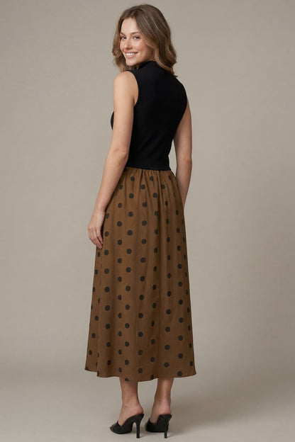 Sleeveless Mock Neck Knit Top Combo Woven Polkadot Midi Dress