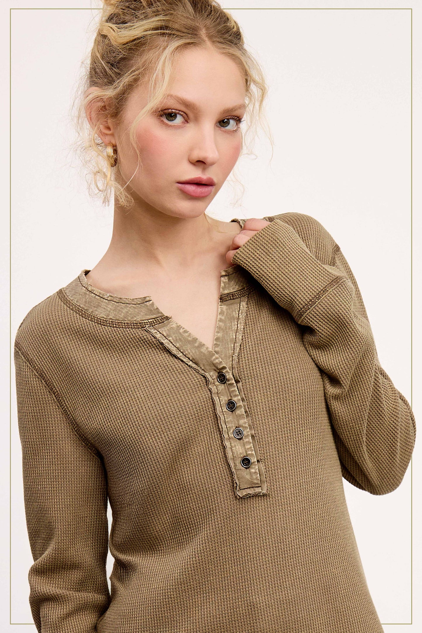 Waffle Long Sleeve Button Front Henley Top