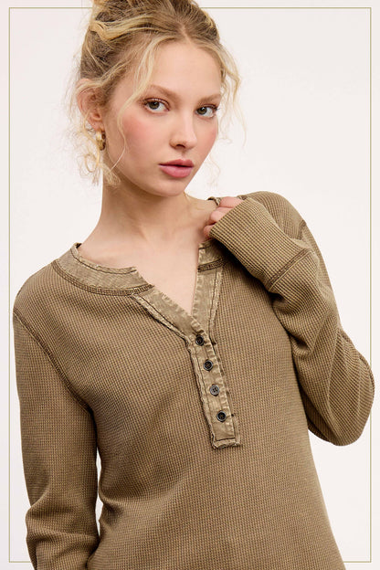 Waffle Long Sleeve Button Front Henley Top