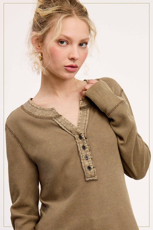 Waffle Long Sleeve Button Front Henley Top