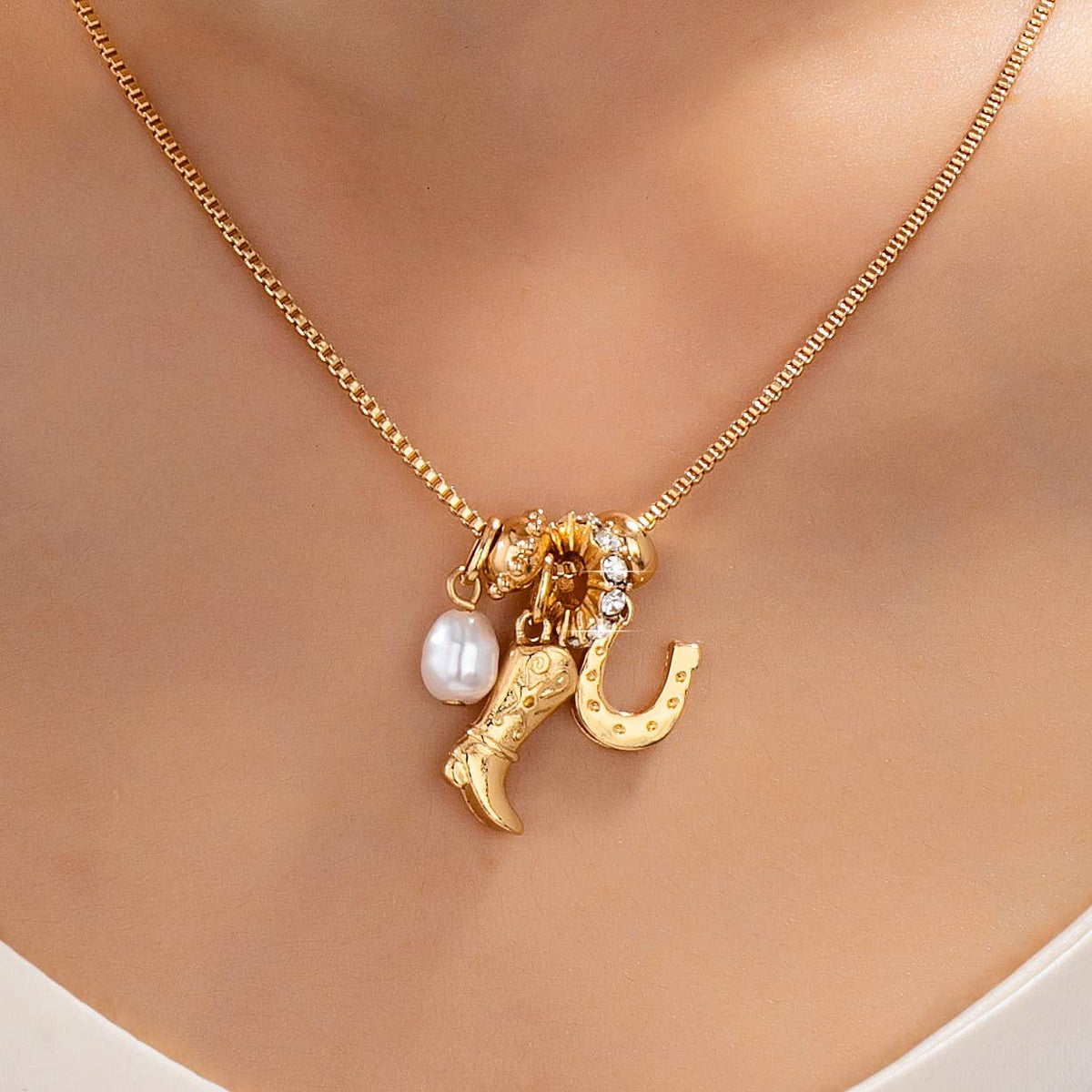Western Boot Horseshoe Pearl Charm Necklace