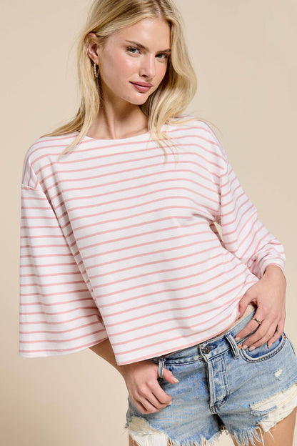 Striped Semi Crop Top with 3/4 Bell Sleeves