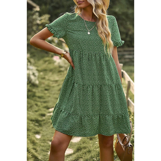 Floral Dot Ruffle Loss Fit Babydoll Dress - Whimsical Details