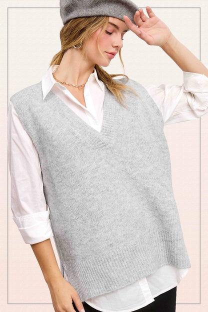 Oversized Soft Knit Sweater Vest with Side Slit - Whimsical Details - ["black sweater","sweater","Sweater Vest","v neck","vest"]