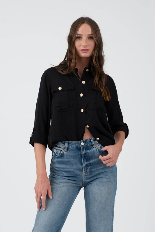 Collared Gold Button Down 3/4 Sleeve - Whimsical Details - Blouse, button down, button up, shirt