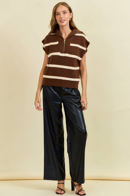STRIPED FUNNEL HALF ZIP SWEATER VEST