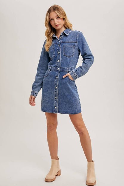 Denim Button Down Mini Dress - Whimsical Details - denim dress, Long sleeve, transition