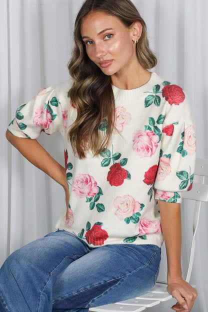 English Roses Crew Neck Cozy Soft Knit Sweater