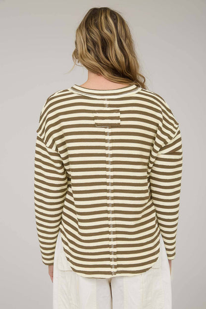 TEXTURED STRIPE SPLIT NECK LONG SLEEVE KNIT TOP