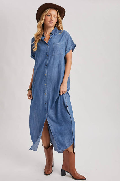 Denim Button Down Side Slit Shirt Maxi Dress