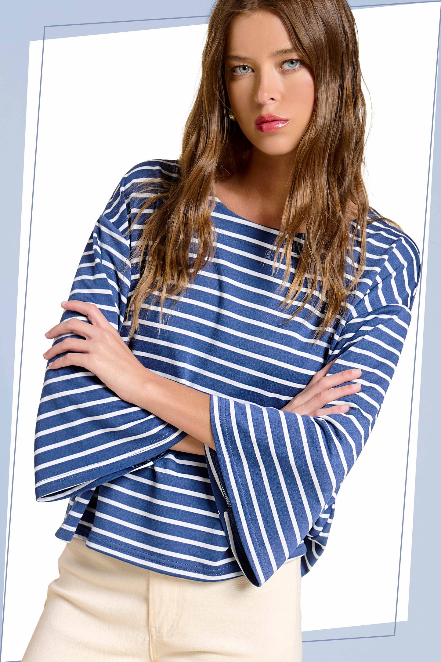 Striped Semi Crop Top with 3/4 Bell Sleeves