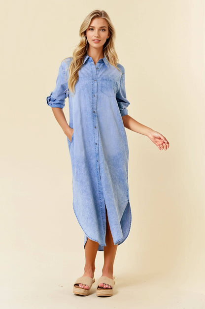 ROLL TAB 3/4 SLEEVE TENCEL DENIM SHIRT MIDI DRESS