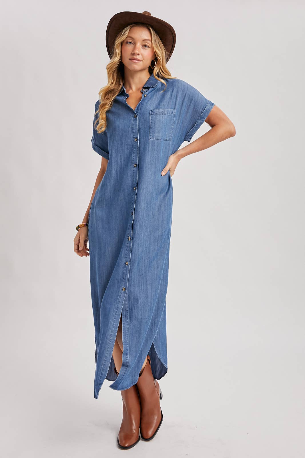 Denim Button Down Side Slit Shirt Maxi Dress