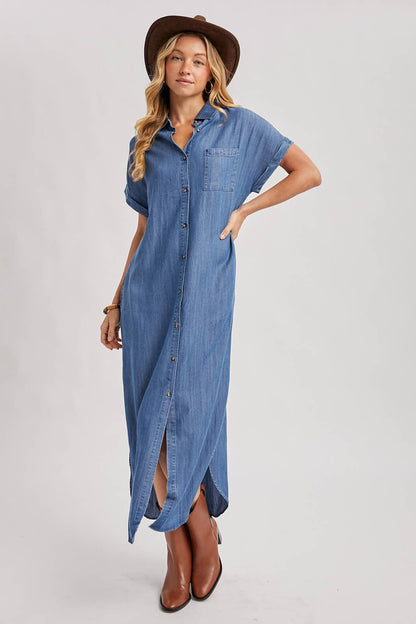 Denim Button Down Side Slit Shirt Maxi Dress