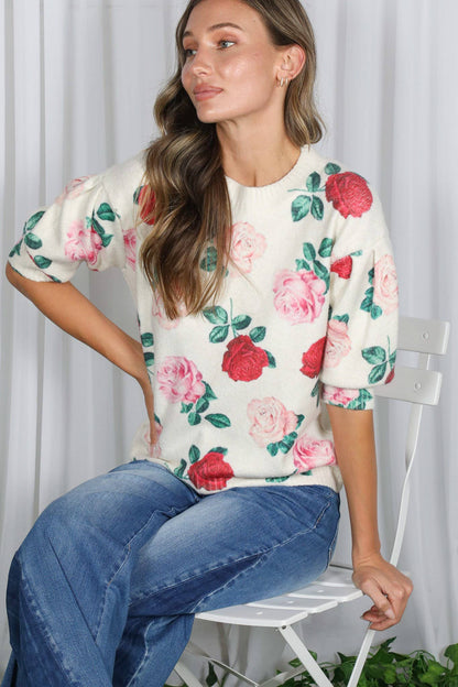 English Roses Crew Neck Cozy Soft Knit Sweater