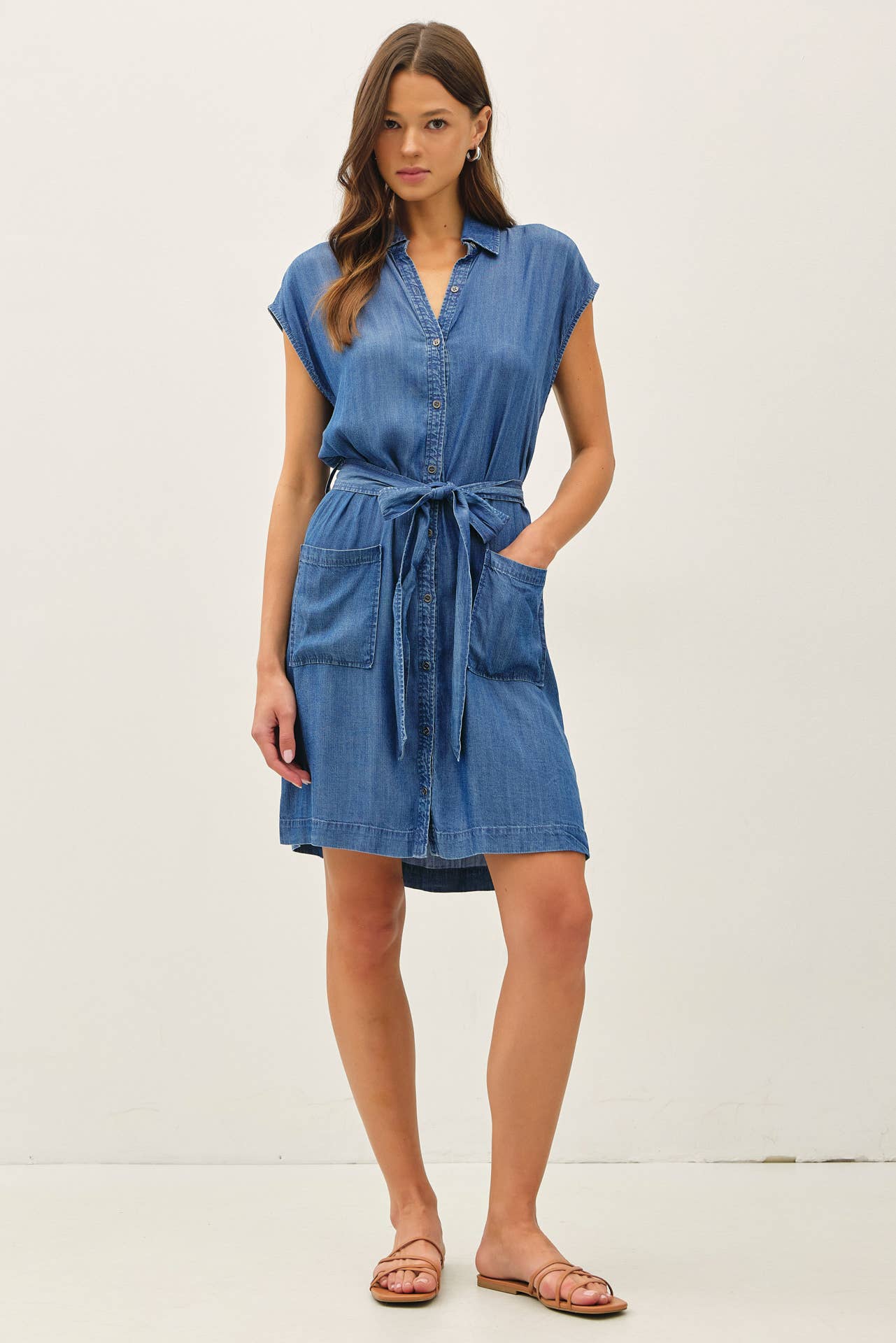 Mini Denim Look Tencel Button Up Dress With Pockets