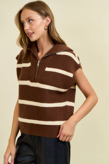 STRIPED FUNNEL HALF ZIP SWEATER VEST