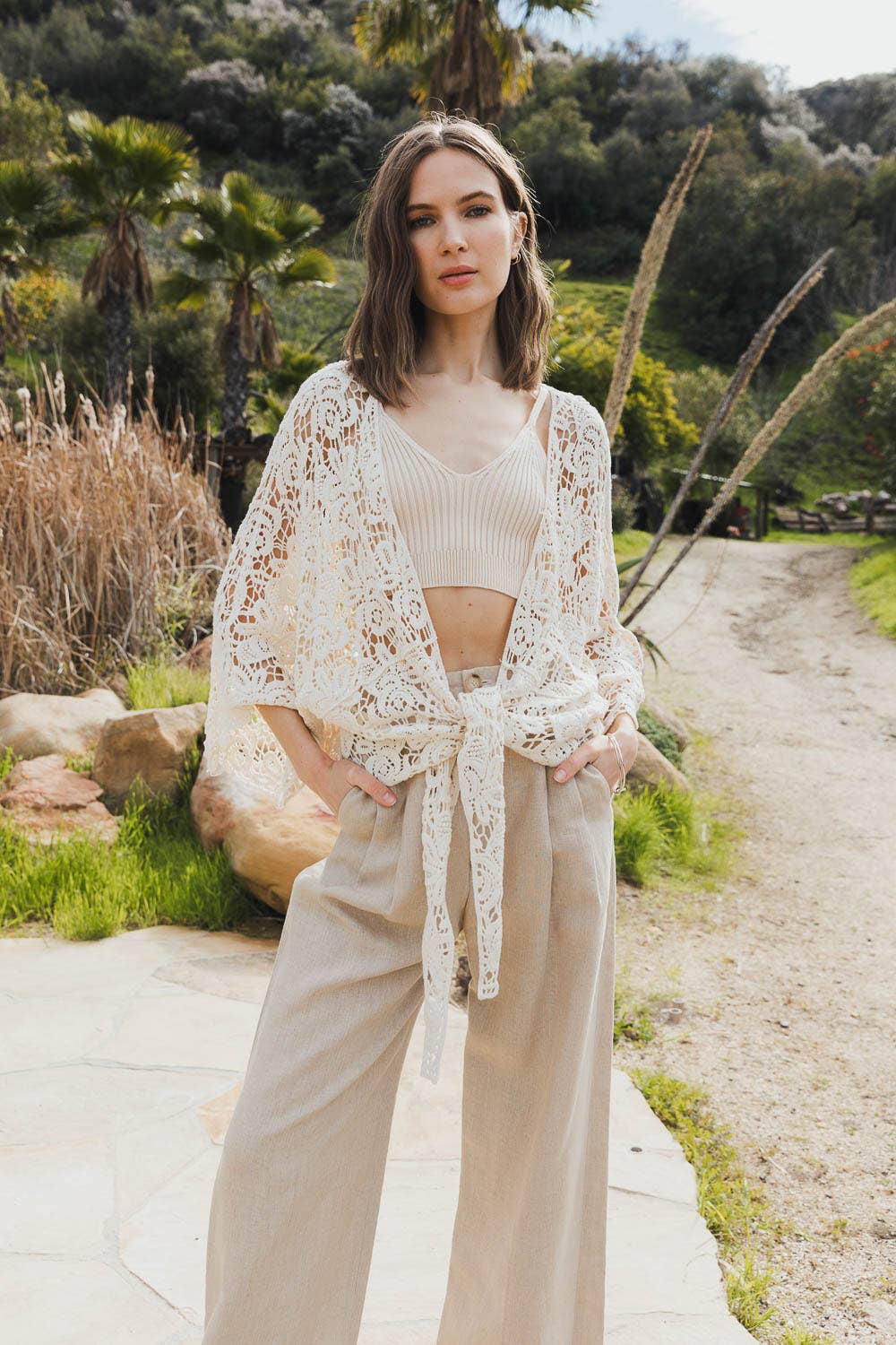 Crochet Floral Petal Kimono Wrap - Whimsical Details - ["kimono","lace","mocha","tie waist"]