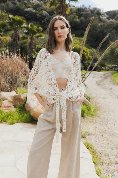 Crochet Floral Petal Kimono Wrap - Whimsical Details - ["kimono","lace","mocha","tie waist"]