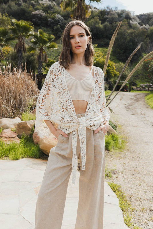 Crochet Floral Petal Kimono Wrap - Whimsical Details - ["kimono","lace","mocha","tie waist"]