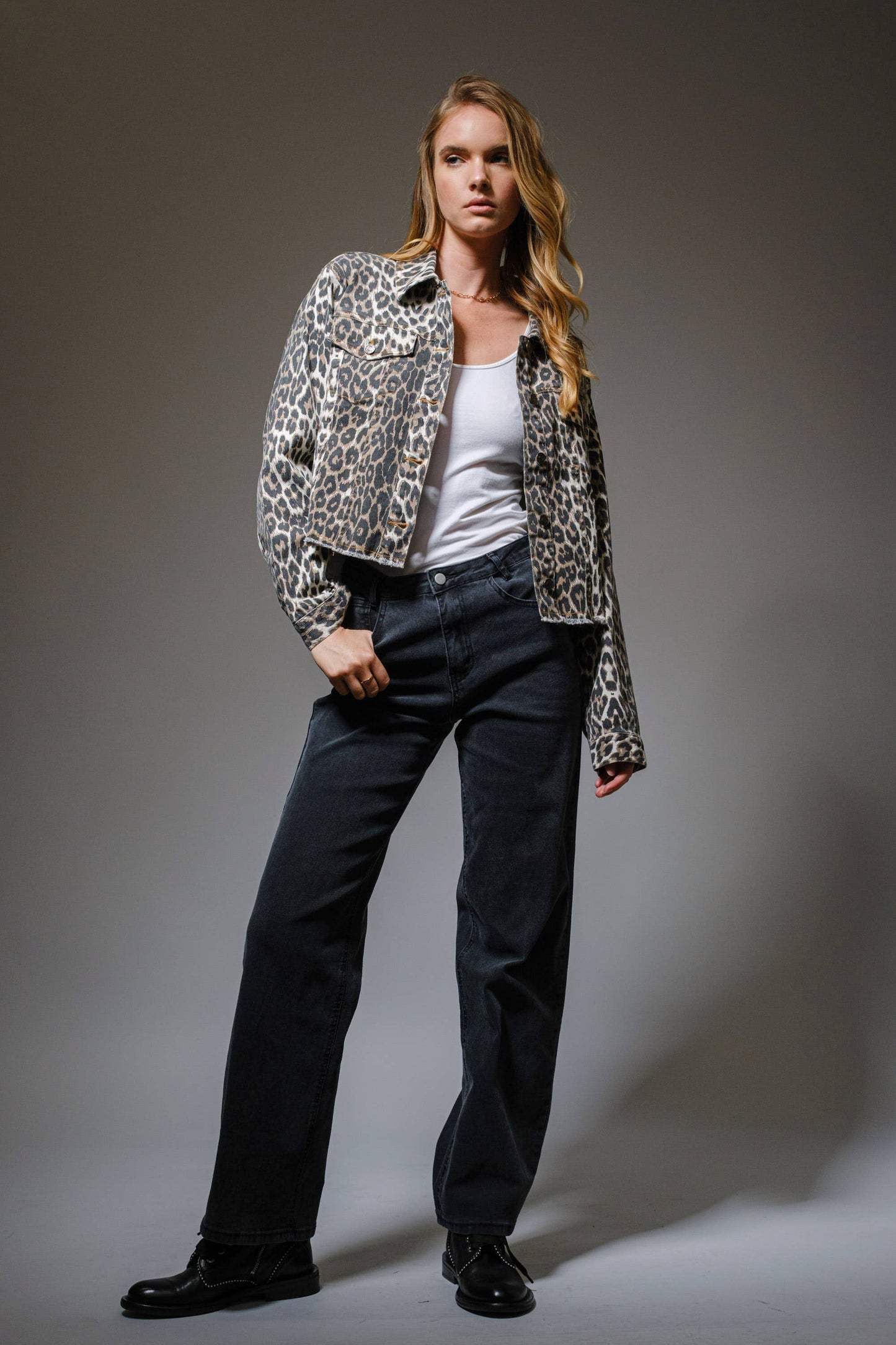 Leopard Button Up Denim Trucker Jacket