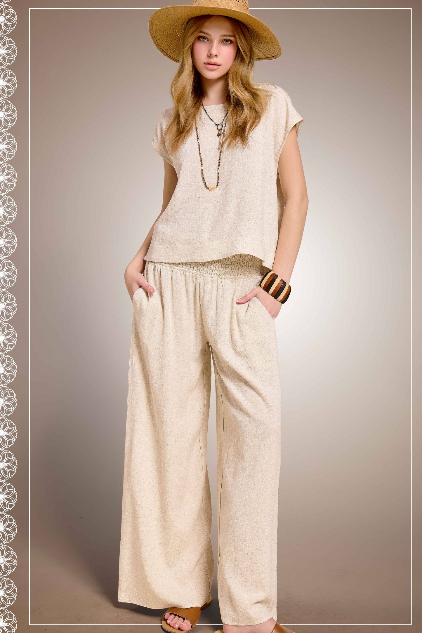 Smocked Waist High Waist Pants with Side Pockets