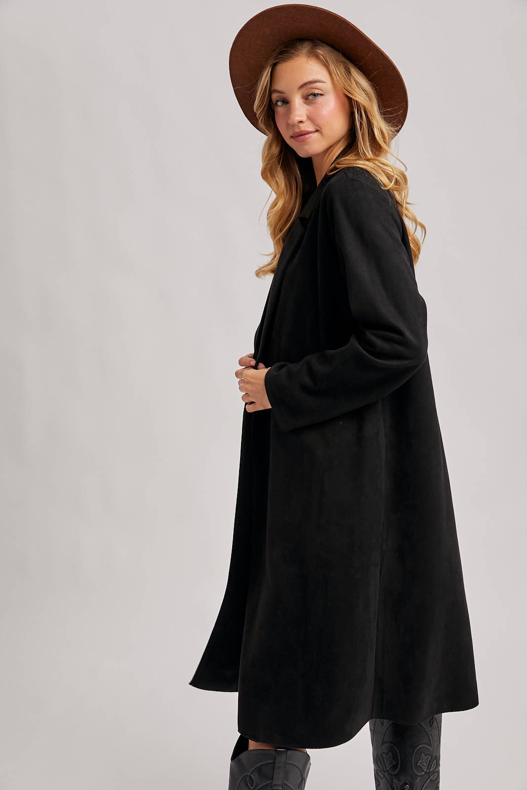 FAUX SUEDE LONGLINE OPEN FRONT COAT