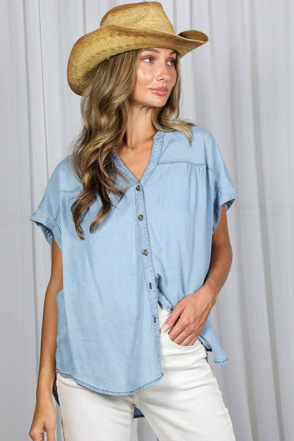 V Neck Collared 100% Tencel Chambray Shirt