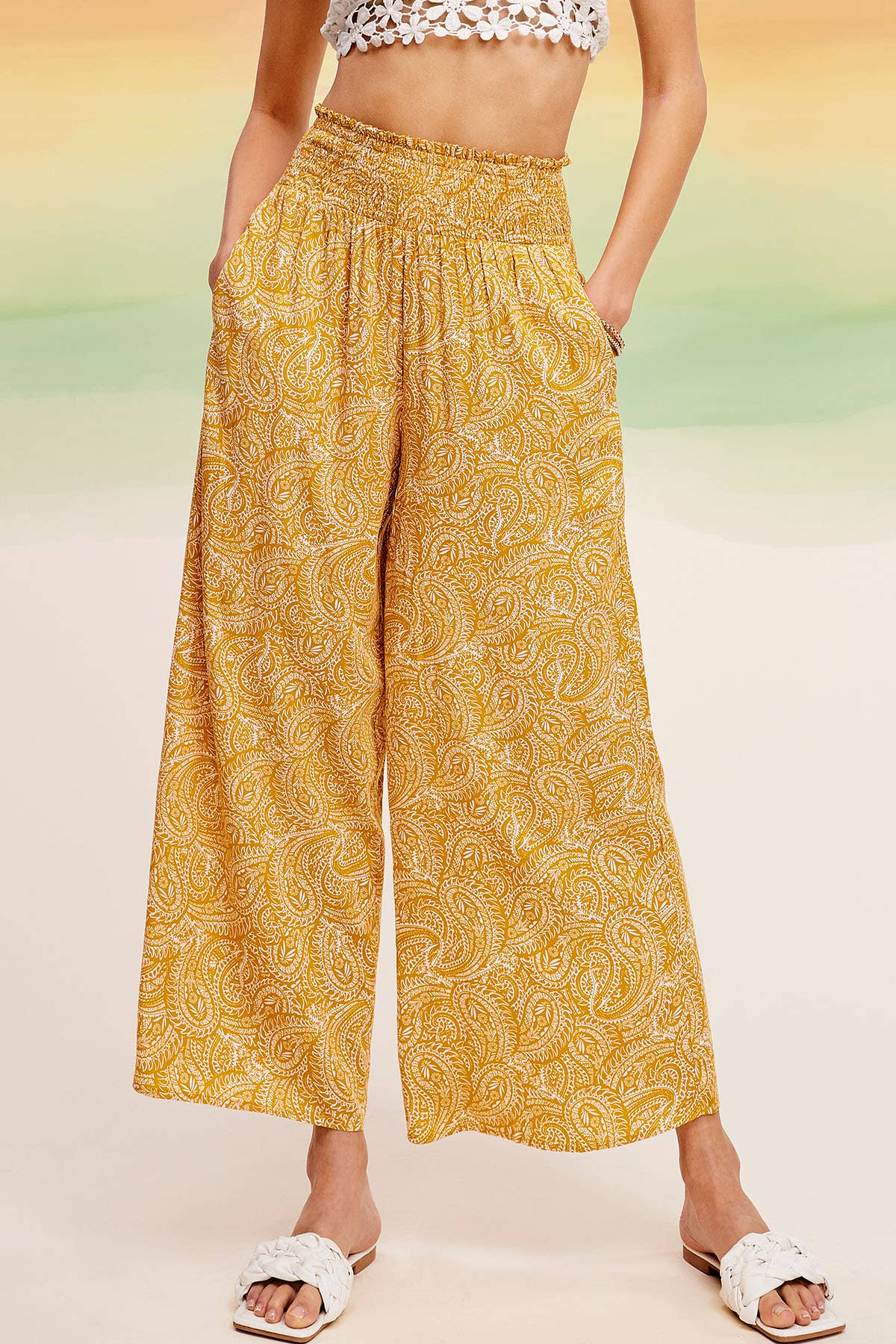Boho Paisley Print Wide Leg Flowy Pants with Pockets - Whimsical Details - ["Flare pants","flouncy pants","pants","Spring"]