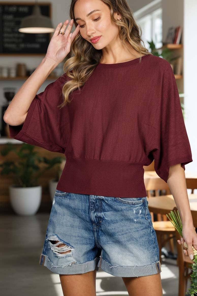 Flattering Batwing 3/4 Dolman Sleeve Knitted Sweater