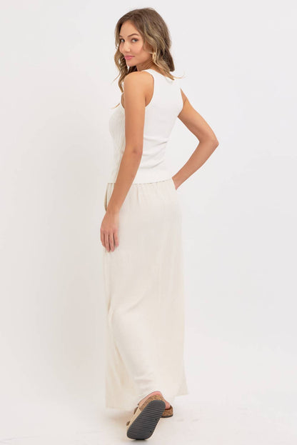 LINEN PULLOVER MAXI SKIRT - Whimsical Details - ["linen","Linen Dress","midi skirt","oatmeal","skirt"]