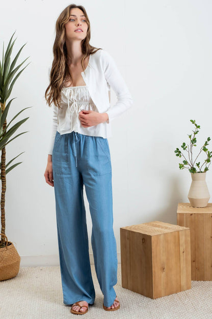 CHAMBRAY HIGH WAIST DRAWSTRING PANTS - Whimsical Details - 