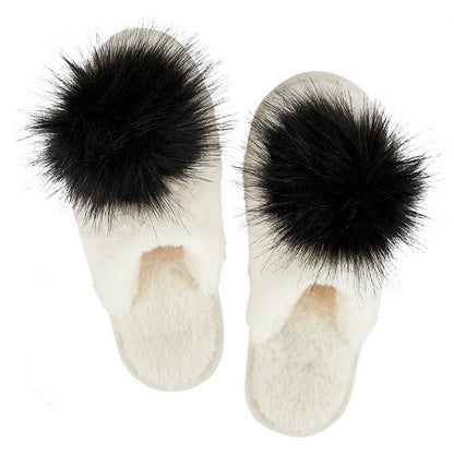 Plush Slippers - Ivory with Black Pom Pom - Whimsical Details - []