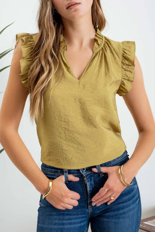 Solid Split Neck Ruffle Trim Blouse