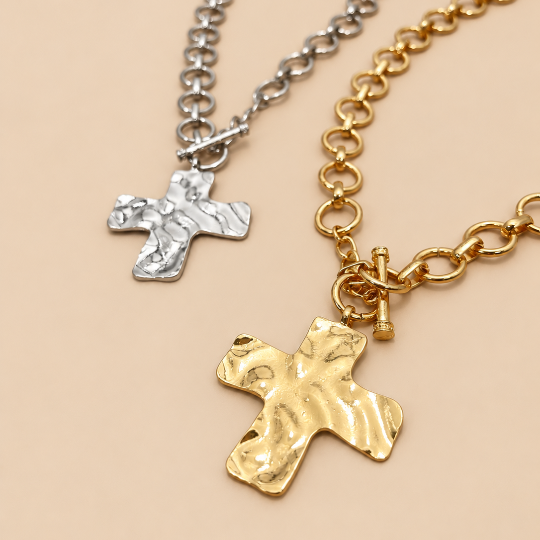 Kara Hammered Cross Front Toggle Necklace