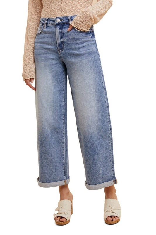 Stretch High Rise Wide Leg Roll-up Jean