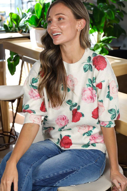 English Roses Crew Neck Cozy Soft Knit Sweater
