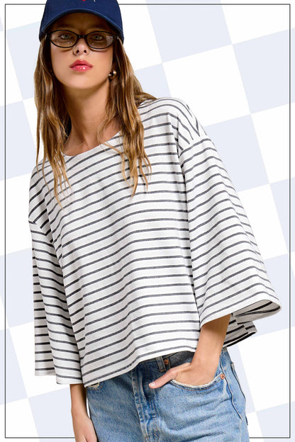 Striped Semi Crop Top with 3/4 Bell Sleeves