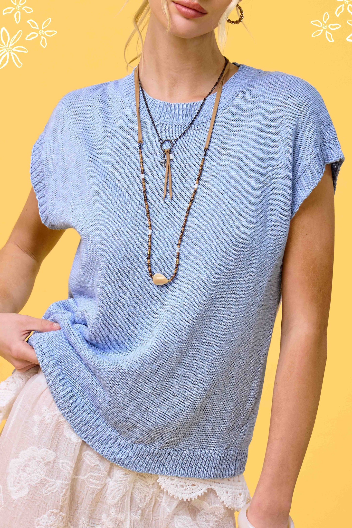 Loose Fit Sleeveless Ribbed Knit Crew Neck Top - Whimsical Details - ["Milk","sweater Tank","tank","tank top"]