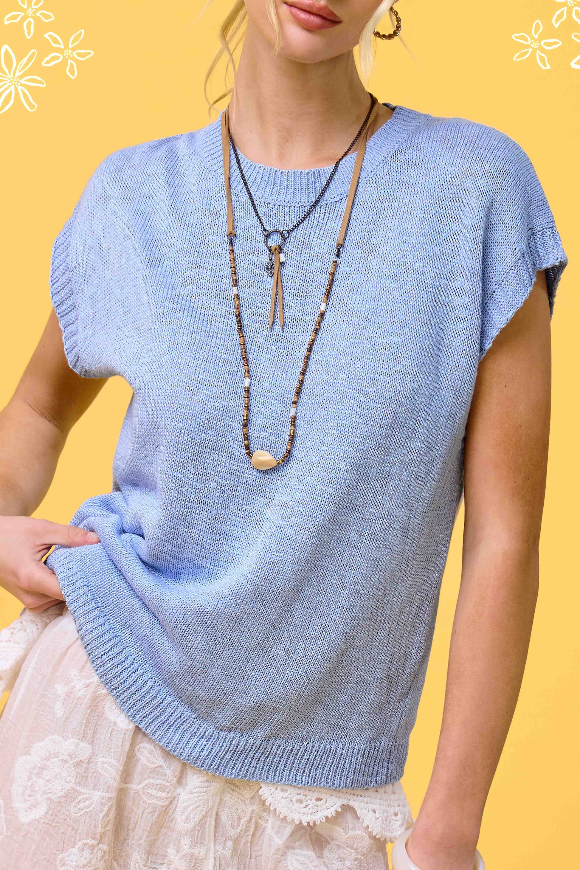 Loose Fit Sleeveless Ribbed Knit Crew Neck Top - Whimsical Details - ["Milk","sweater Tank","tank","tank top"]