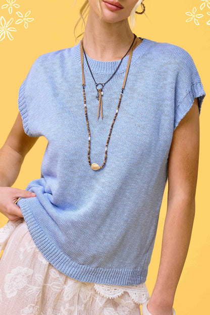 Loose Fit Sleeveless Ribbed Knit Crew Neck Top - Whimsical Details - ["Milk","sweater Tank","tank","tank top"]