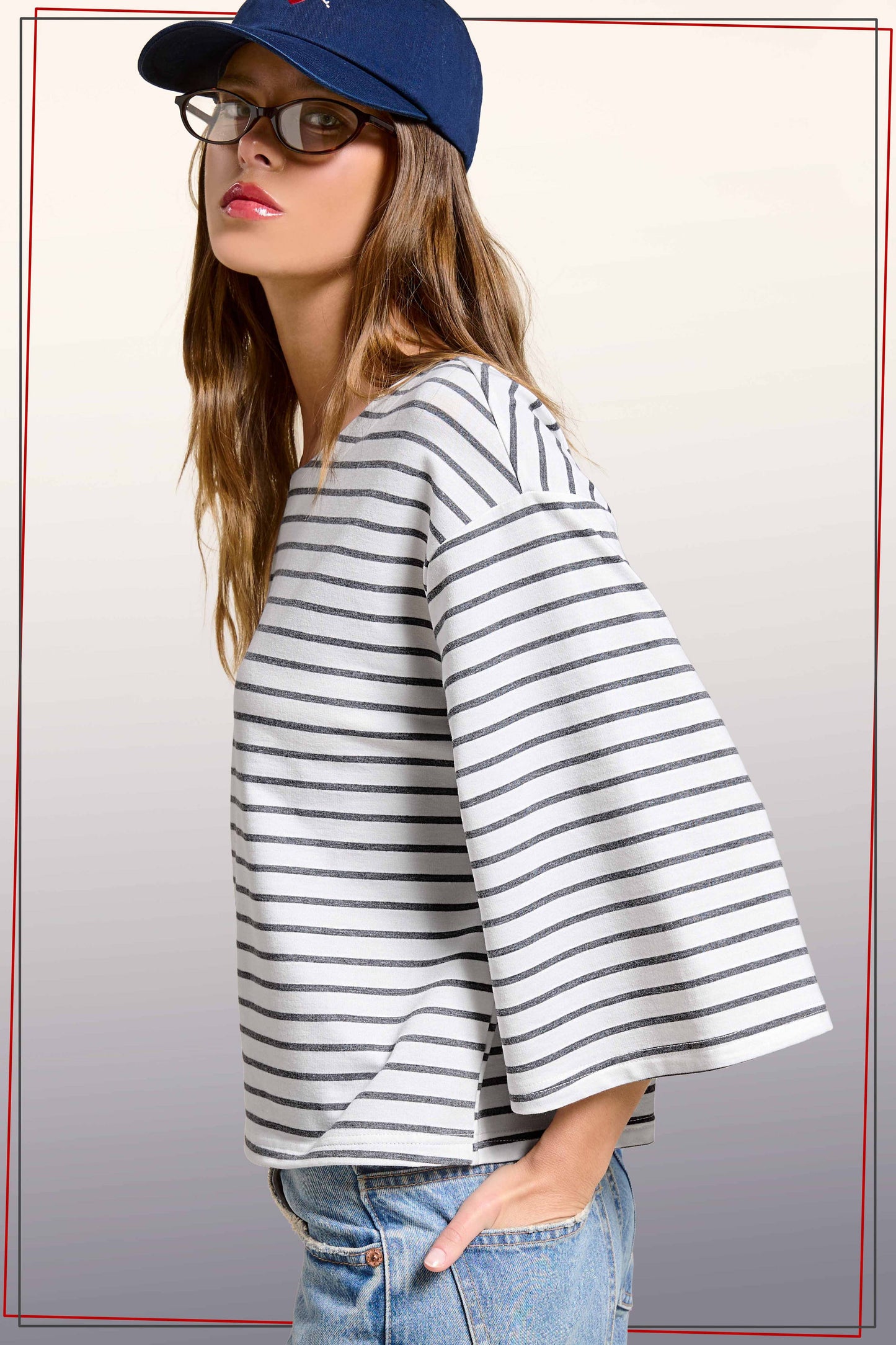 Striped Semi Crop Top with 3/4 Bell Sleeves