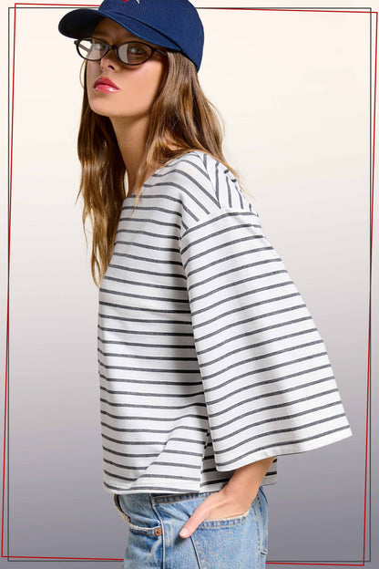 Striped Semi Crop Top with 3/4 Bell Sleeves