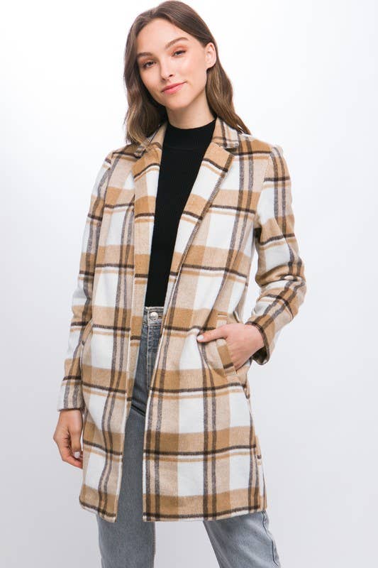 Lapel Collared Plaid Wool Blend Full Coat - Whimsical Details - coat, Long sleeve, over sized